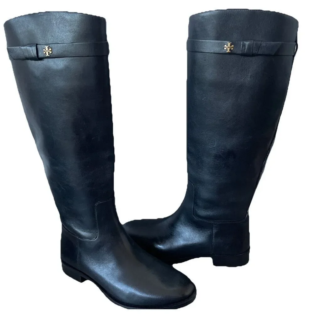 New Tory Burch Everly Strap Riding Boot Perfect Black Leather size 7W